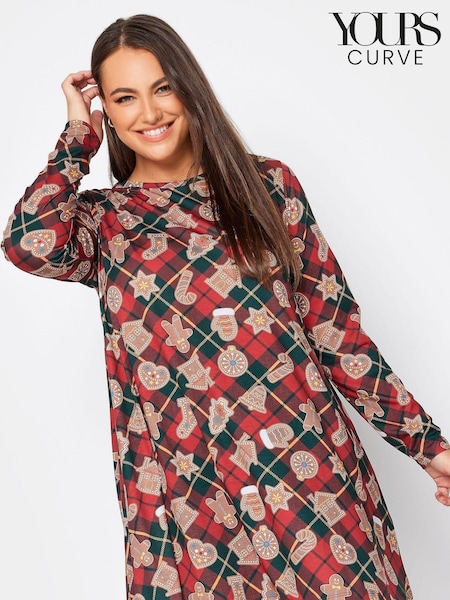 Yours Curve Red Novelty Long Sleeve Gingerbread Christmas Tunic (AM5385) | €32