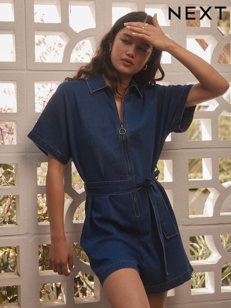 Azul oscuro - Lightweight Zip Through Denim 100% Cotton Playsuit (AM5407) | 56 €