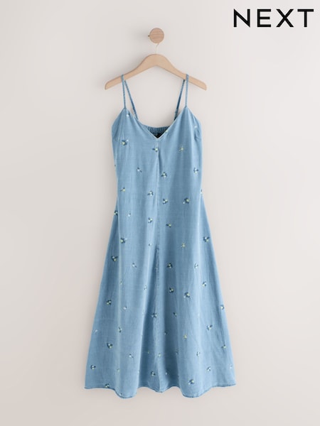 Mid Blue Floral Embroidered TENCEL™ Denim Maxi Slip Dress (AM5422) | €61