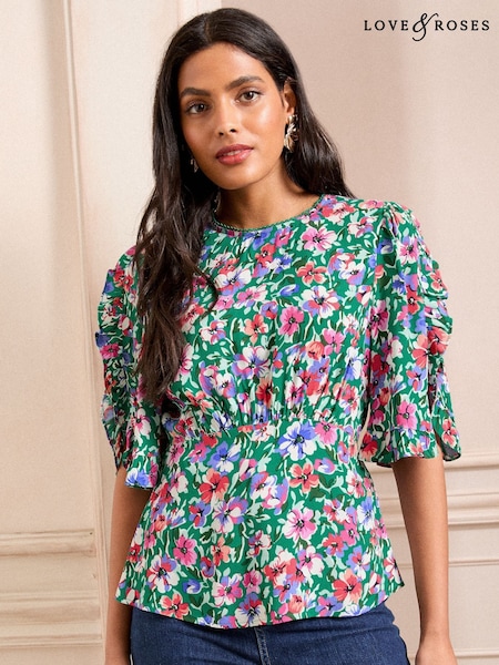 Love & Roses Printed Ruffle Detail Crew Neck Tea Top (AM5458) | 253 LEI