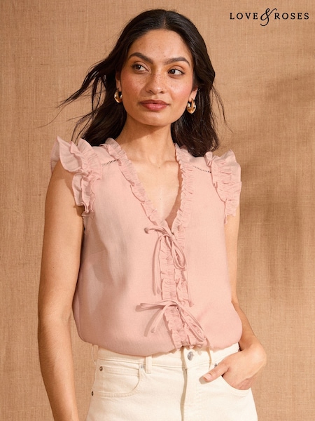 Roz - Love & Roses Frill Short Sleeve V-Neck Blouse (AM5460) | 268 LEI