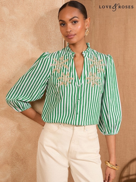 Love & Roses Green Stripe Petite Pie Crust Detail 3/4 Sleeve Blouse (AM5464) | 2,523 UAH