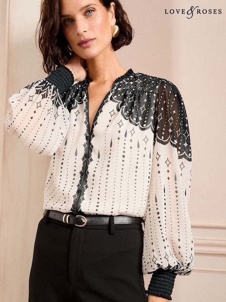 Love & Roses Printed Notch Neck Button Detail Long Sleeve Blouse (AM5466) | 298 LEI