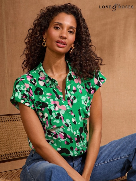 Verde Animal - Love & Roses Printed Roll Sleeve Shirt (AM5482) | 268 LEI