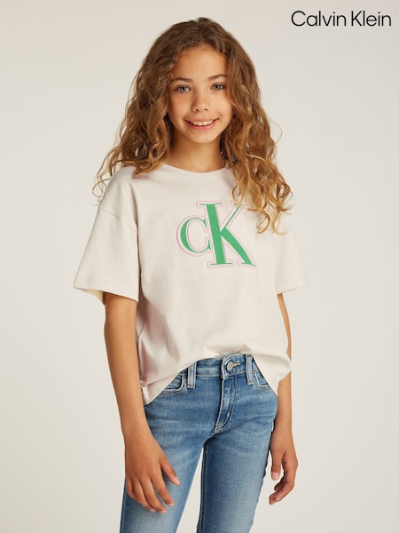 Calvin Klein Cream Monologo Glitter 100% Cotton T-Shirt (AM5490) | ₪201