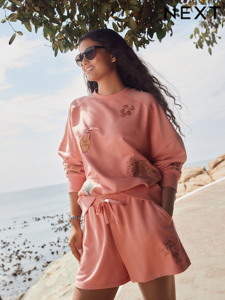 Cora Pink - Heavy All Over Embroidery Summer Food and Cockatils Graphic Shorts (AM5567) | 35 €
