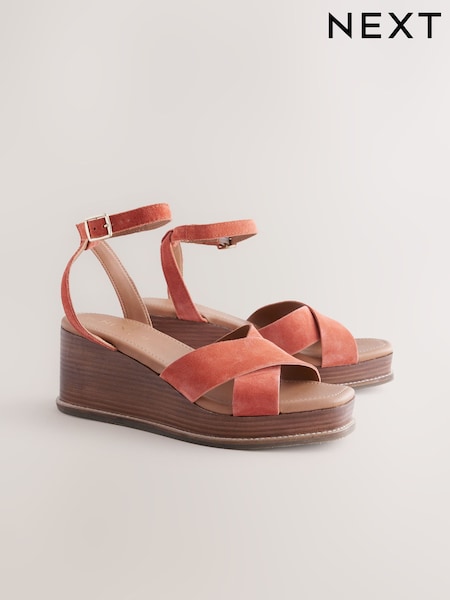 כתום - Forever Comfort® Leather Square Toe Cross-Over Detail Wedges (AM5618) | ‏184‏₪