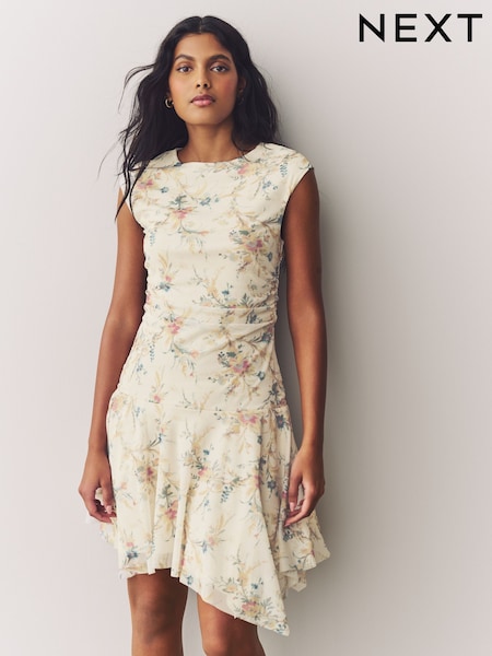 Светло-бежевый, цветочный принт - Mesh Asymetric Short Sleeve Mini Dress (AM5637) | €32