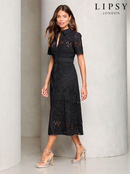 Schwarz - Lipsy Premium Broderie Lace Belted 100% Cotton Shirt Midi Dress (AM5708) | 242 €