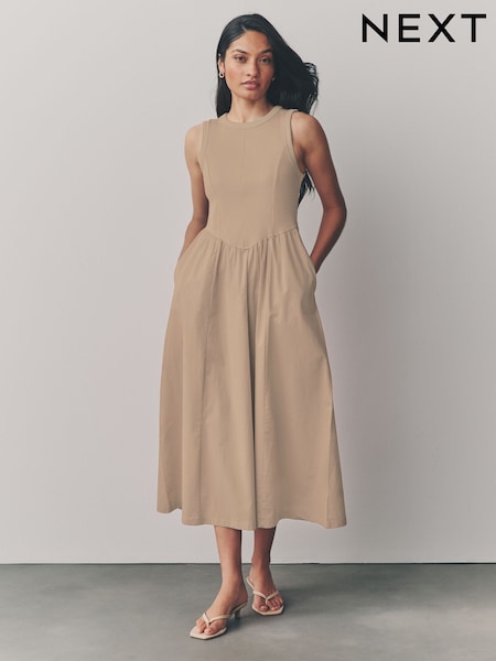 Sten - Woven Jersey Mix Sleeveless Racer Ribbed Midi Dress (AM5765) | kr520