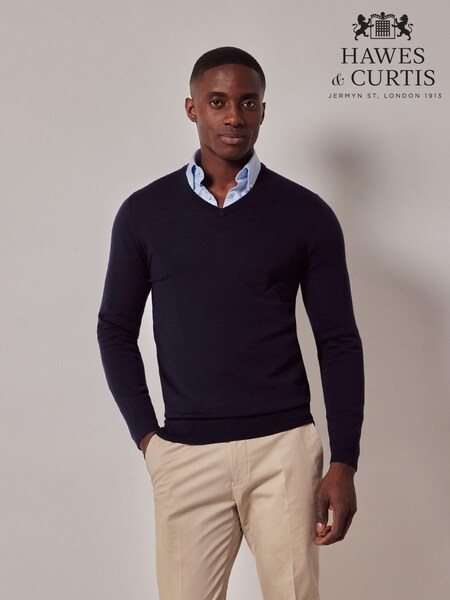 Hawes & Curtis Blue V-neck Merino Jumper (AM5796) | ‏297‏₪