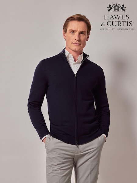 Hawes & Curtis Blue Zip Up Merino Jumper (AM5797) | R$ 780