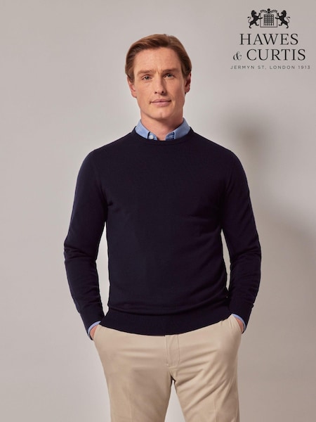 Hawes & Curtis Blue Crew Neck Merino Jumper (AM5803) | R$ 585