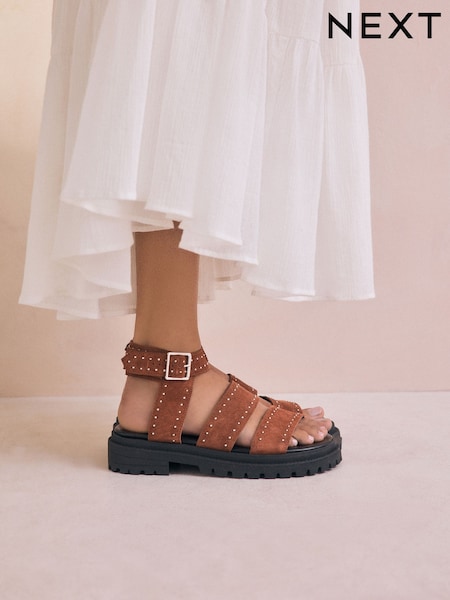 Tan Brown Suede Forever Comfort® Chunky Studded Sandals (AM5896) | R$ 490