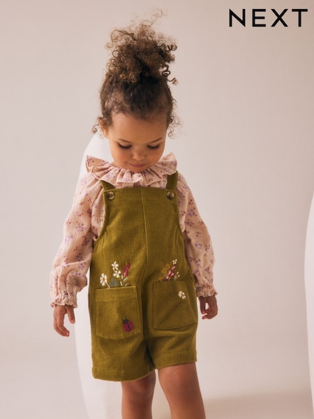 Green Floral Print Corduroy Dungarees Blouse and Tights Set (3mths-7yrs) (AM5983) | AED142 - AED163