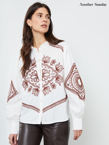 Another Sunday Cream Ruffle Collar Button Through 100% Cotton Blouse with Embroidery Details (AM5989) | 2,403 UAH