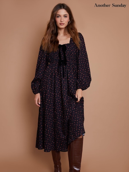 Another Sunday Ditsy Print Long Sleeve Velvet Bow Detail Milkmaid 100% Cotton Midi Dress (AM6000) | ‏160 د.إ.‏