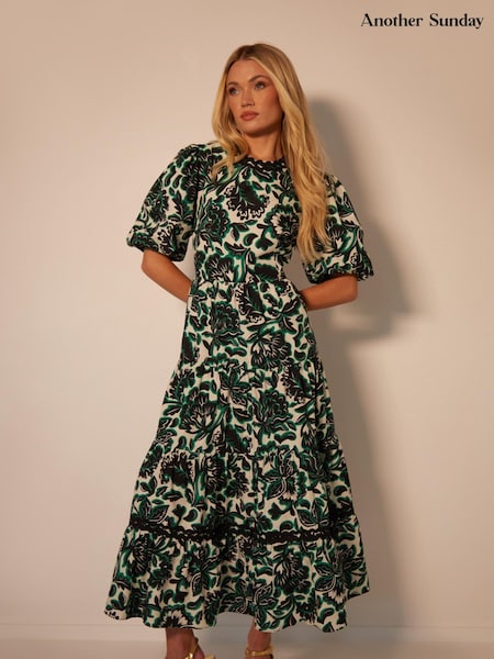 Another Sunday 100% Cotton Floral Print Poplin Short Puff Sleeve Tiered Smock Midi Dress (AM6001) | $120