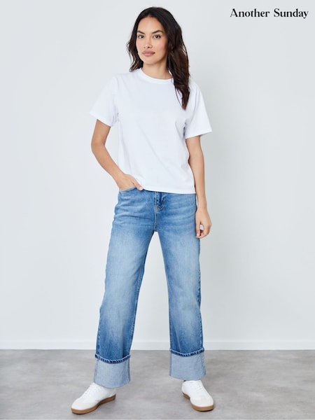 Another Sunday Blue Mid Wash Barrel Leg Roll Up Hem Denim Jeans (AM6010) | €71