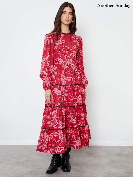 Another Sunday Red Floral Print Poplin Long Puff Sleeve Tiered Smock 100% Cotton Midi Dress (AM6011) | 54 €