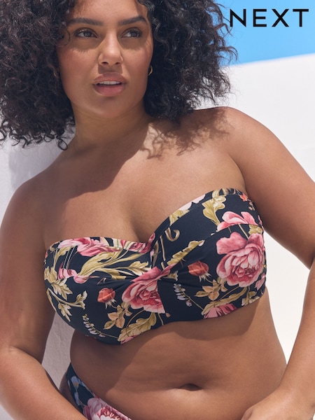 Black Floral F-K Twist Bandeau Wired Bikini Top (AM6014) | €57