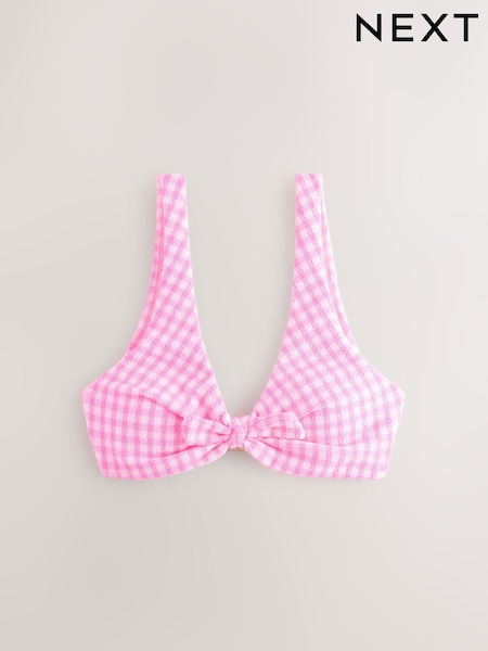 Pink/White Crinkle Gingham Knot Front Crop Bikini Top (AM6323) | €32