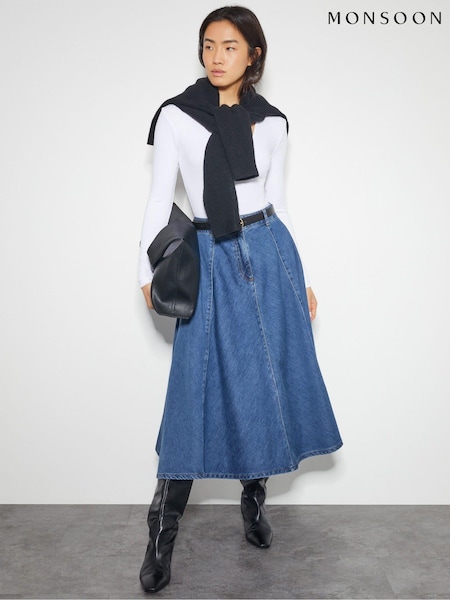 Monsoon Blue Sara Denim A-Line Midi 100% Cotton Skirt (AM6364) | ₪347