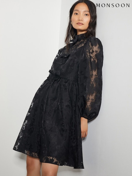 Monsoon Black Alba Floral Print Organza Mini Dress (AM6370) | €76