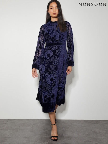 Monsoon Eva Floral Print Velvet Midi Dress (AM6372) | 459 LEI
