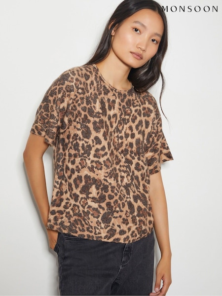 Monsoon Brown Amy Leopard Print Short Sleeve Jumper (AM6380) | €34