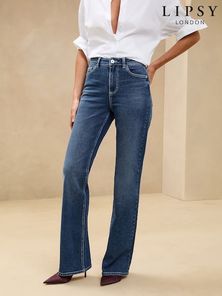 Lipsy Mid Wash Blue Petite Slim High Waist Flare Jeans (AM6669) | $86
