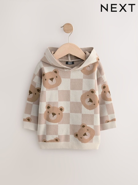 Neutral Checkerboard Bear Knitted Hoodie (3mths-7yrs) (AM6693) | €24 - €27