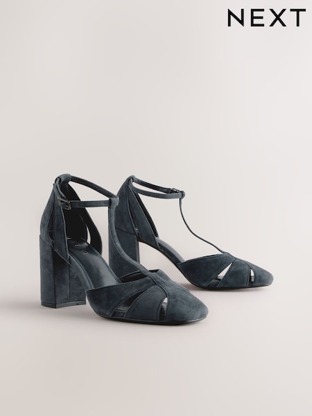 Navy Forever Comfort® Leather Round Toe Cut Out T-Bar Block Heel Shoes (AM6781) | R$ 425