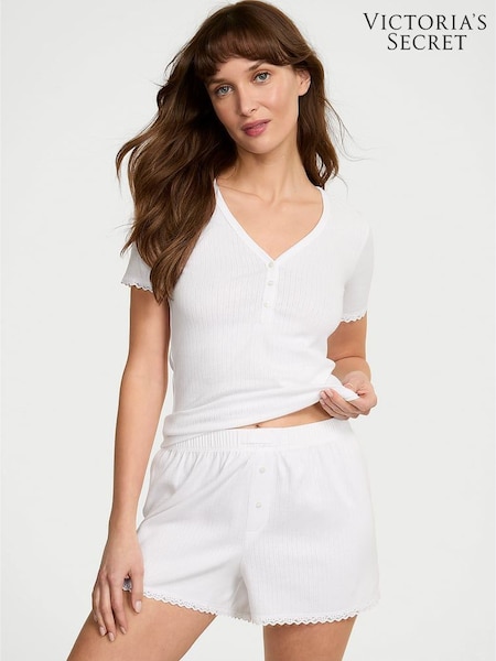 Victoria's Secret White Pointelle Henley Short Sleeve Pyjama Set (AM6783) | €45