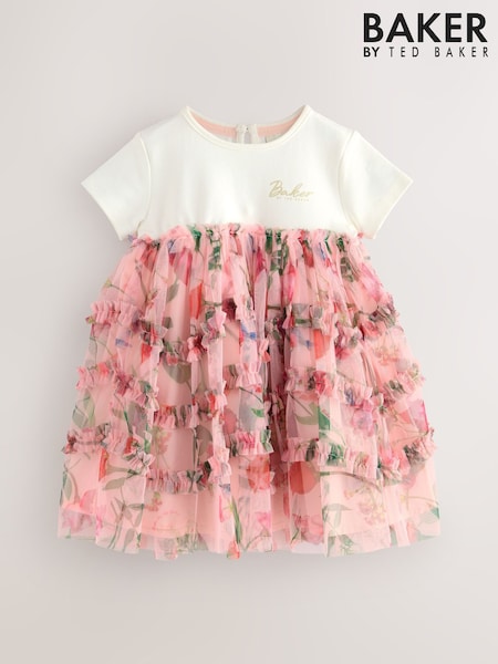 Baker by Ted Baker Pink Printed Ruffle Mesh Mockable Dress (AM6905) | €37 - €44