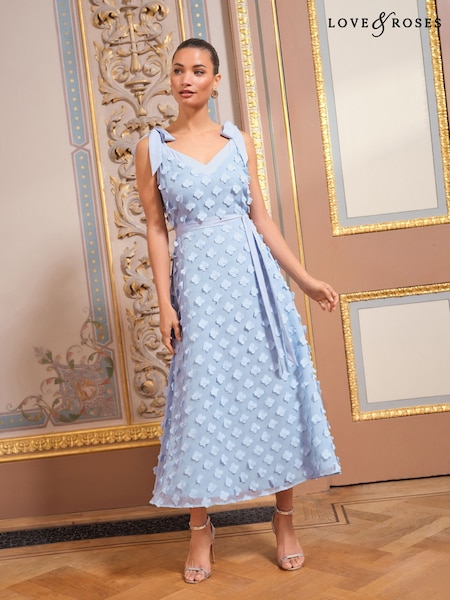 Love & Roses Blue 3D Floral Print Maxi Dress (AM7214) | $170