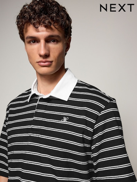 Negru - Short Sleeve Stripe Rugby 100% Cotton Shirt (AM7234) | 189 LEI