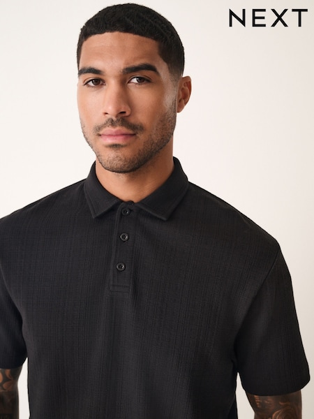Black Crepe Textured Button Neck Polo Shirt (AM7237) | AED122
