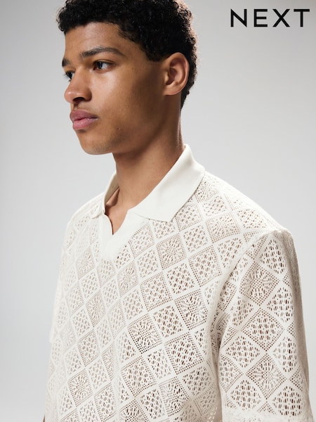 Ecru White Crochet Textured Cuban Collar Polo Shirt (AM7238) | € 36