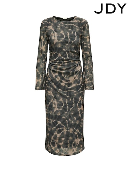 JDY Animal Leopard Print Ruched Mesh Midi Dress (AM7622) | ₪176