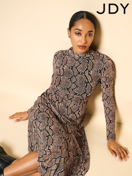 JDY Brown Long Sleeve Snake Print Mesh Midi Dress (AM7630) | ₪191