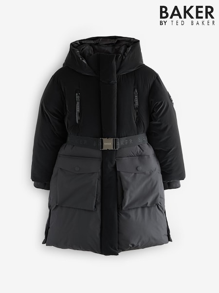 Baker by Ted Baker Shower Resistant Longline Belted Padded Black Parka (AM7694) | 611 LEI - 648 LEI
