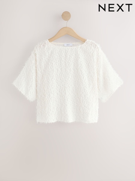 Cream Textured Fringe Short Sleeve Crew Neck Top (AM7808) | €43.50