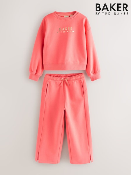 Coral Pink - Baker by Ted Baker Coral Pink Back Print Sweat Top and Wide Leg Joggers Set 2 Piece (AM7829) | 283 LEI - 320 LEI