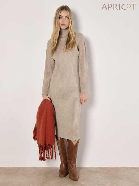 Apricot Natural Fine Gauge Roll Neck Midi Dress (AM7837) | €58