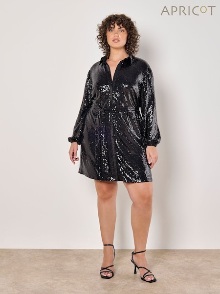 Apricot Black Sequin Tie Waist Shirt Dress (AM7838) | €34