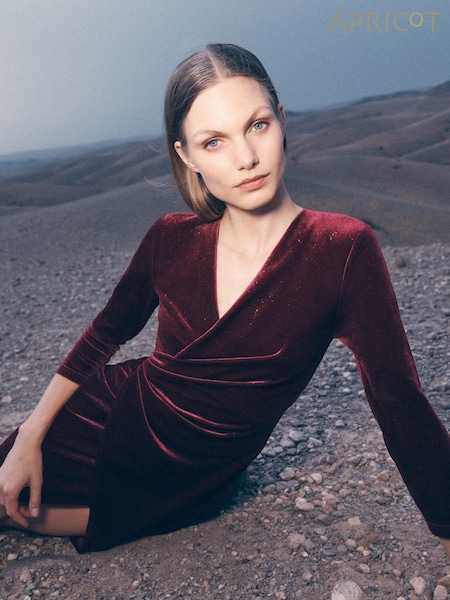 Apricot Red Glitter Velvet Ruched Midi Dress (AM7856) | €50