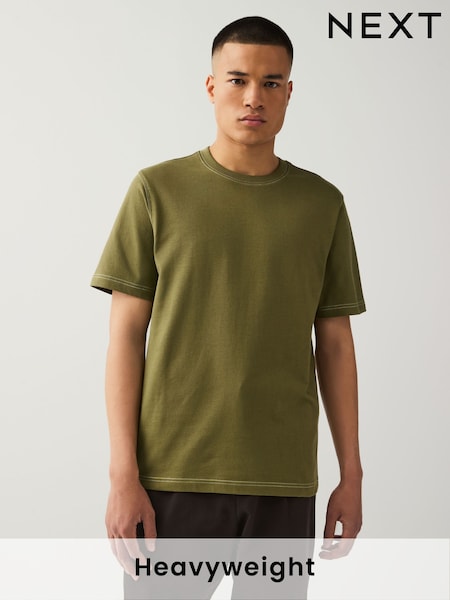 Olive Green Contrast Stitch Regular Fit Heavyweight T-Shirt (AM7934) | AED70