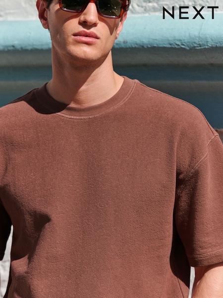 Brown Textured Relaxed Heavyweight 100% Cotton T-Shirt (AM7942) | 89 QAR