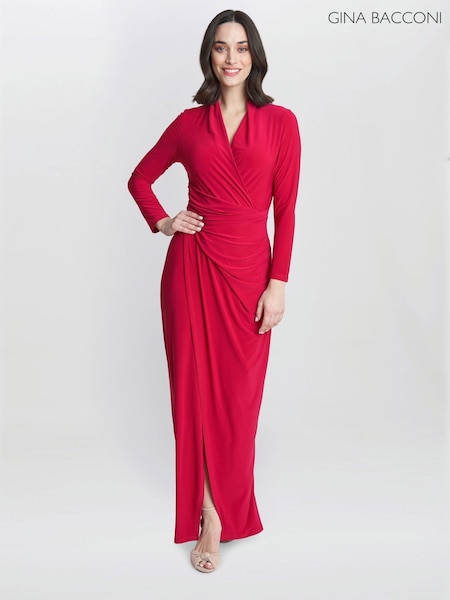 Gina Bacconi Red Hilary Jersey Wrap Maxi Dress (AM7979) | AED407